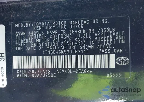 2009 Toyota Camry Xle z USA, uszkodzony, nr VIN 4T1BE46K59U363146